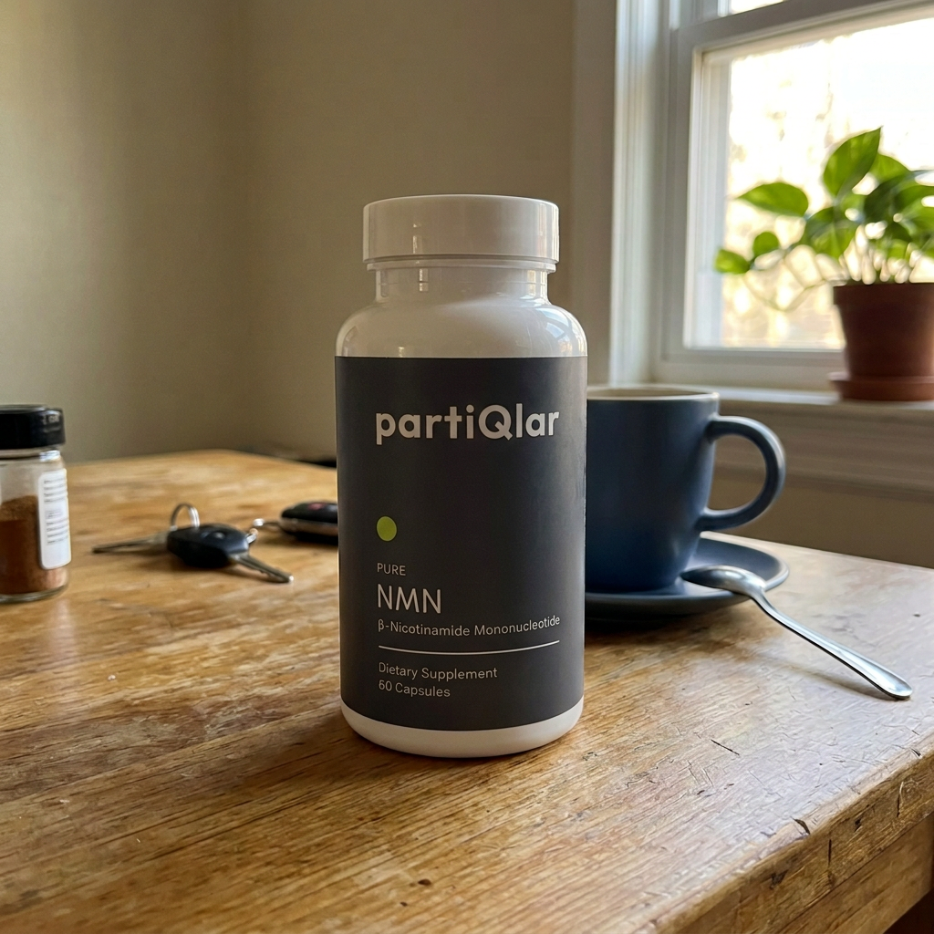 partiQlar Pure NMN beside a morning coffee