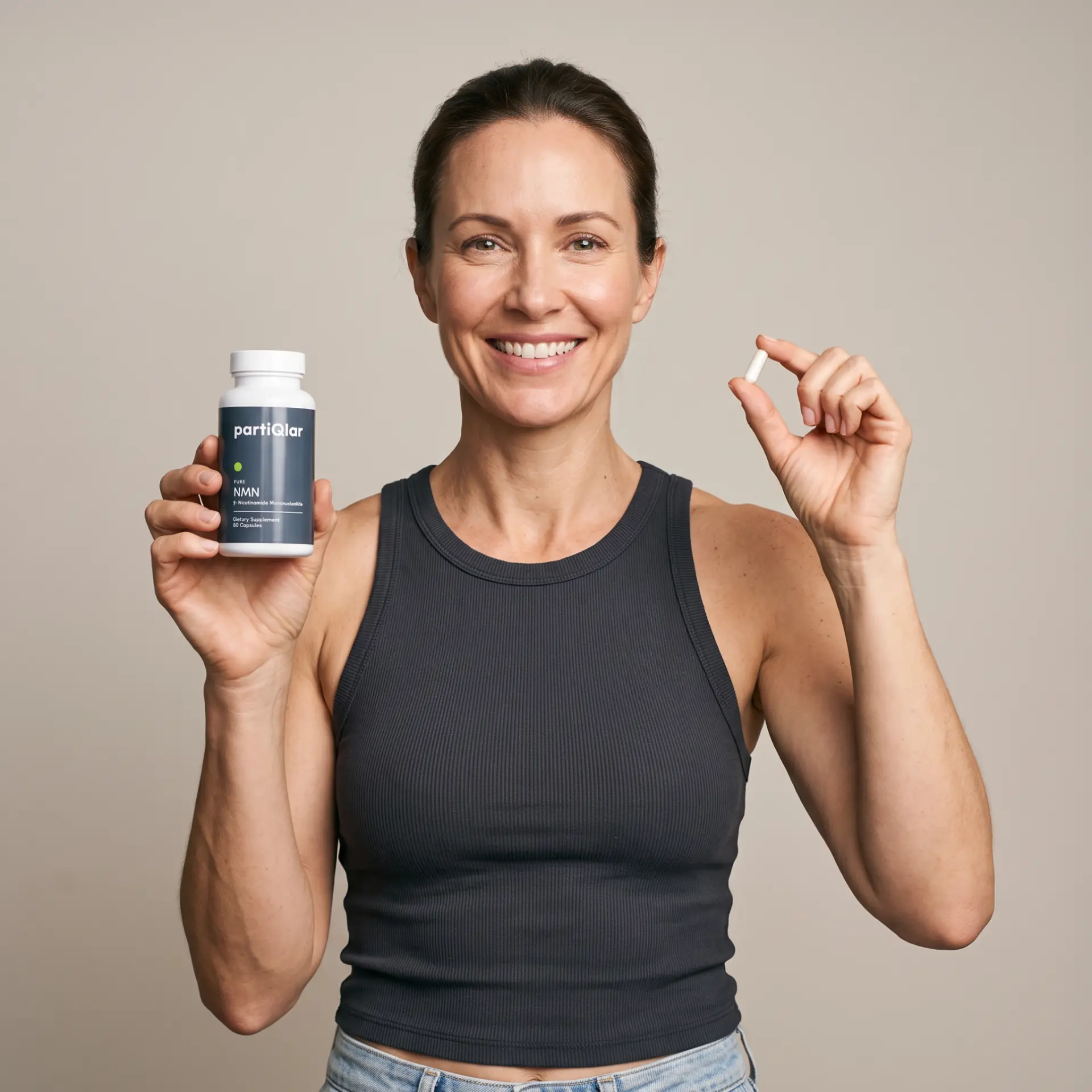 Woman holding a bottle of partiQlar Pure NMN and a single capsule