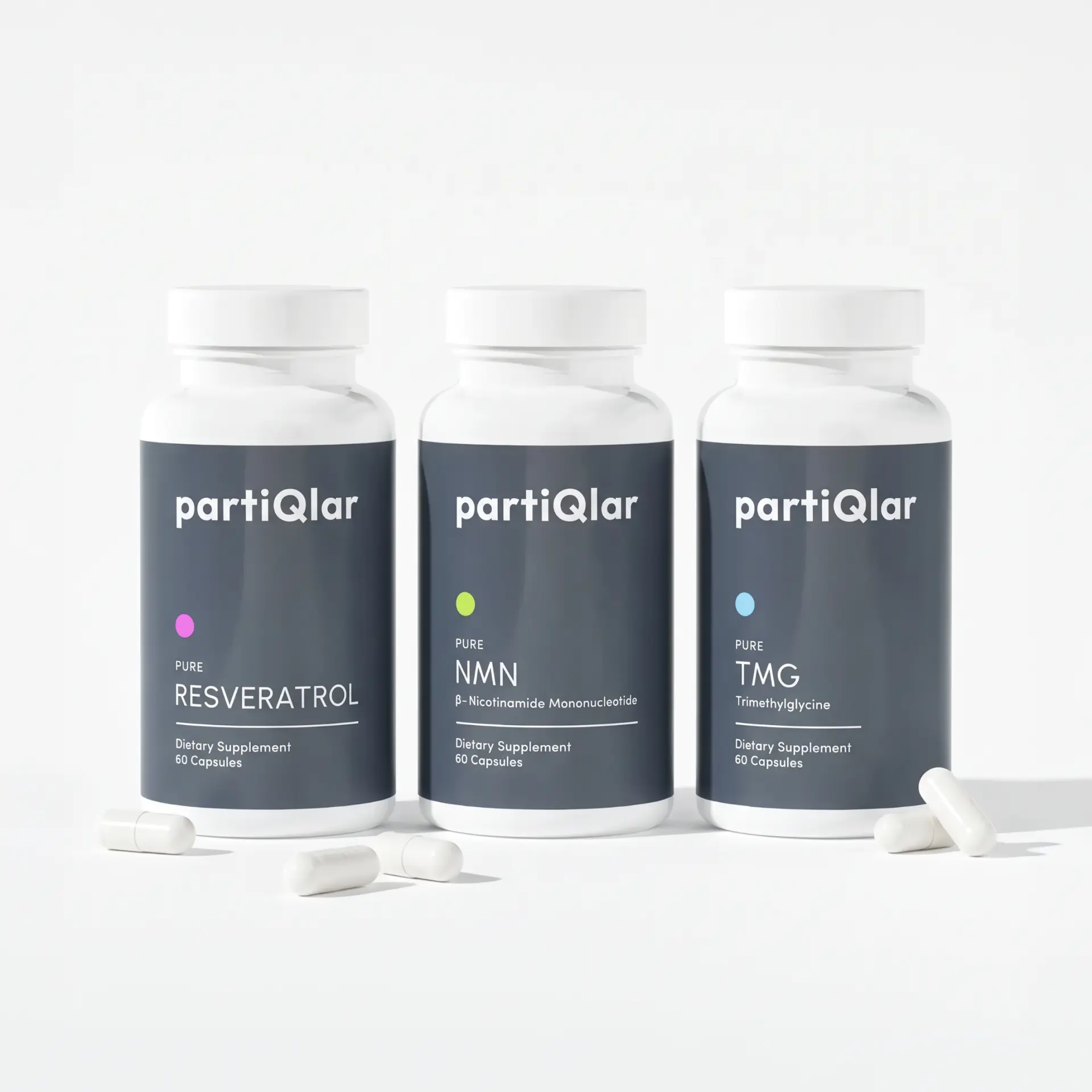partiQlar Pure NMN, Pure Resveratrol and Pure TMG bottles